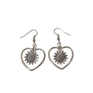 Silver Heart Sunflower Earrings